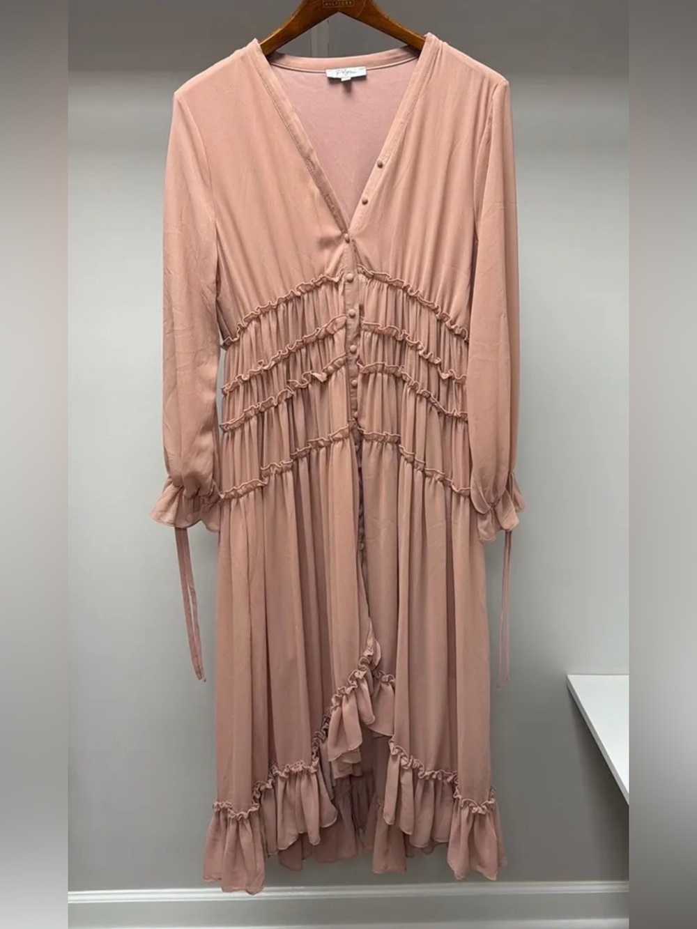 Polagram Blush Pink Long Sleeve Ruffle Midi Dress